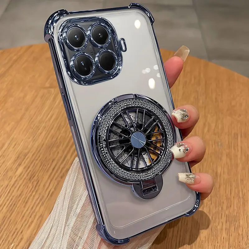 Deluxe Transparent Electroplated Stand Phone Case with Four-Corner Anti-Fall Protection
