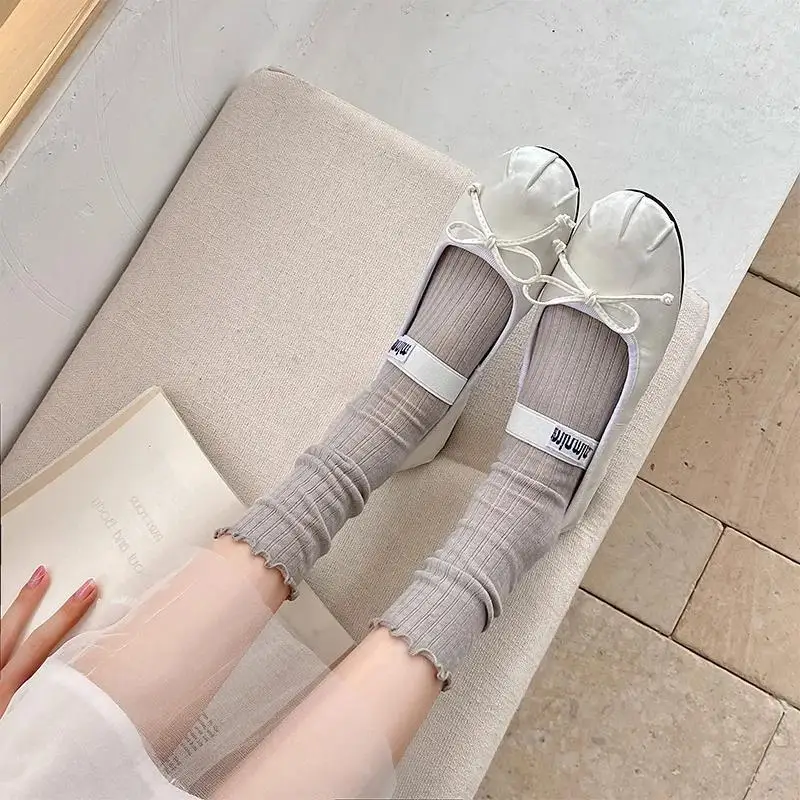 로리타 귀여운 러플 양말 여성용, 얇은 메쉬, 통기성, 느슨한 긴 양말, 발레 스타일, 단색, 블랙, 화이트, 여름 양말