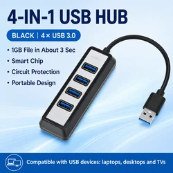 Portable Plug - and - Play 4 - Port USB Hub - High - Speed USB Hub in Black/White (Black USB 3Point0)