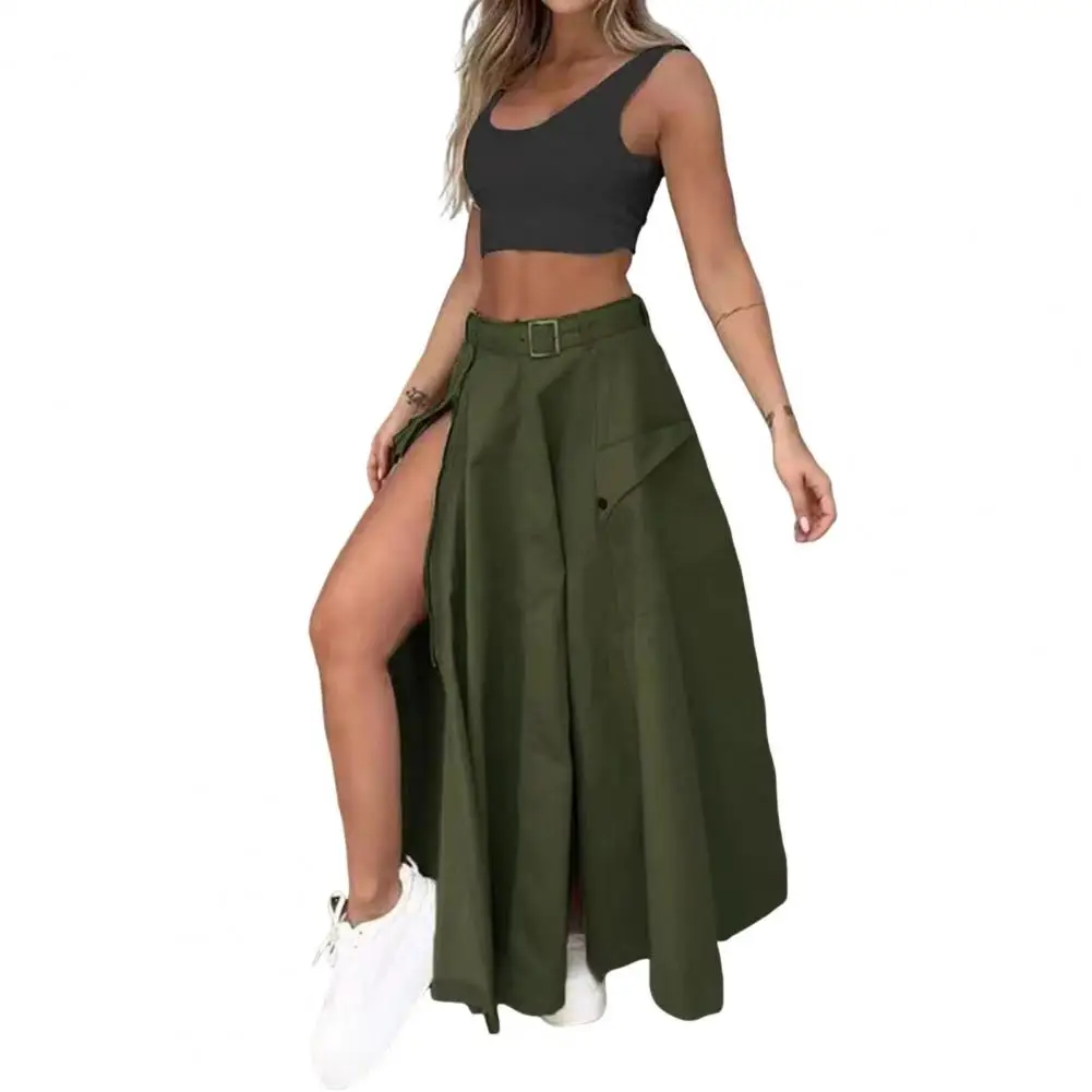 Women Top Skirt Set Elegant Crop Top Maxi Skirt Set with Belt Women's High Waist A-line Split Skirt Solid Color Streetwear Party