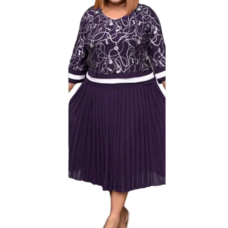 Streetwear Chiffon Round Neck Pleated Skirt Fashion Spring Autumn Plus Size Clothes Print Three Quarter Sleeve Loose Mid Dress