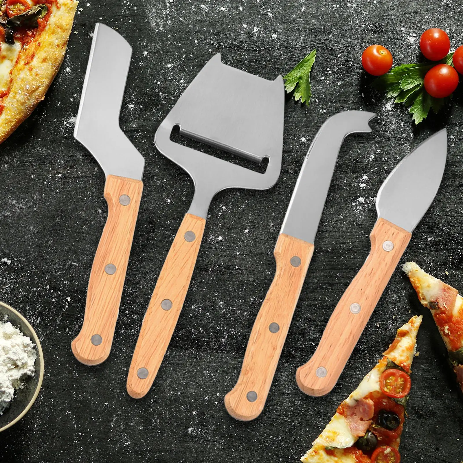 

Cheese Board Set with 4 Cutters Kitchen Accessory Housewarming Gift Round Cheese Spatula Steel Stainless Cheese Slicer Cutter