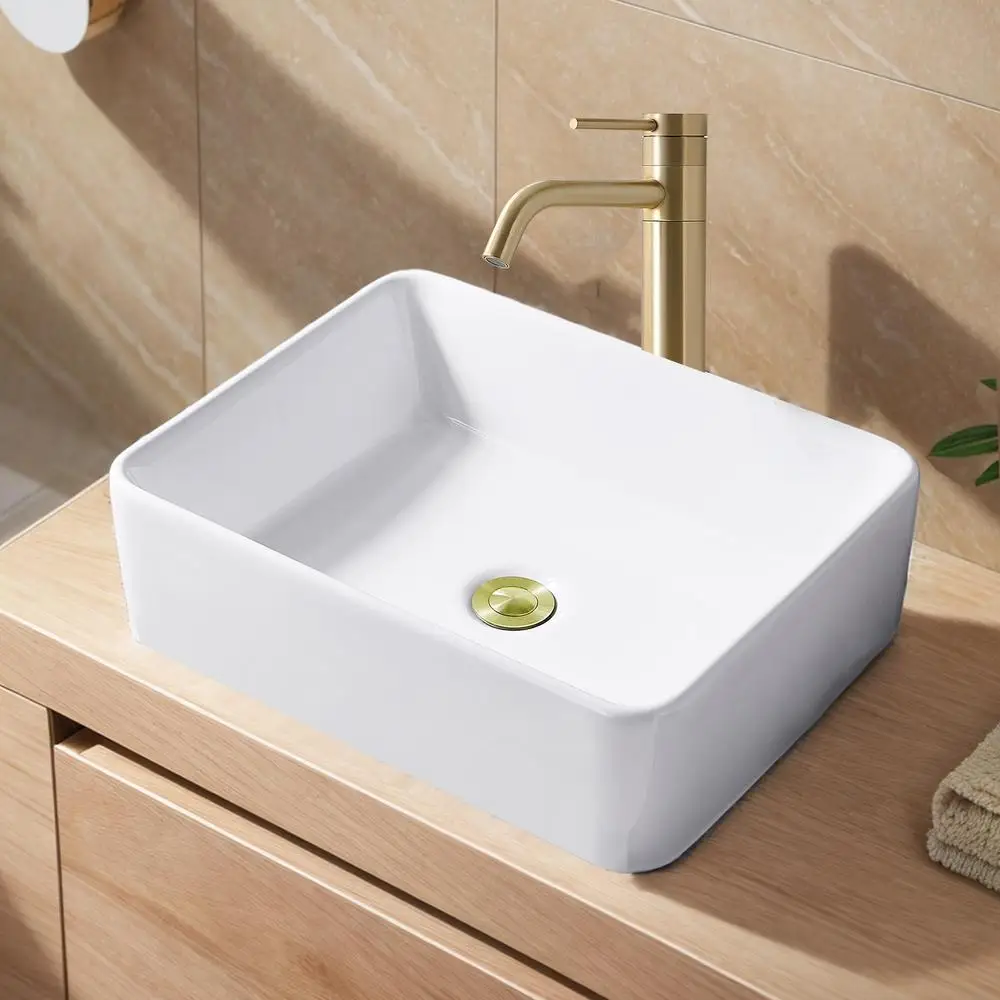 Rectangular Ceramic Vessel Sink 16"X12" White Bathroom Farmhouse European Modern Style Above Counter Easy Install Clean Smooth 2