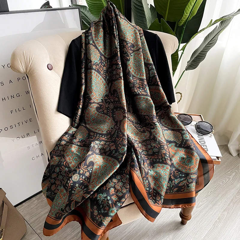 

Fashion Long 180X90CM Beach Towel Four Seasons Luxury Silk Scarves 2023 Popular Satin Bandannas Europe And America Print Shawls