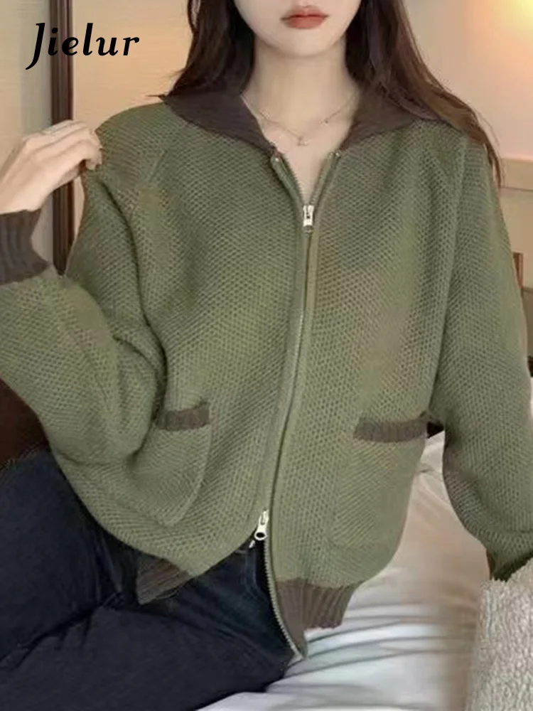 

Jielur Loose Vintage Spell Color Sweet Women's Cardigan Korean Style Winter Casual Zipper Pockets Chic Fashion Female Streetwear