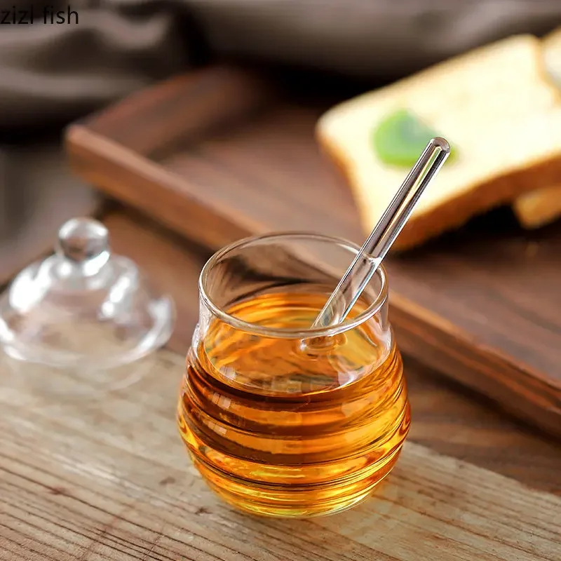 Honey Storage Container Glass Jar with Lid Transparent Jam Jar Creative Striped Glass Bottle Home Kitchen with Mixing Rod