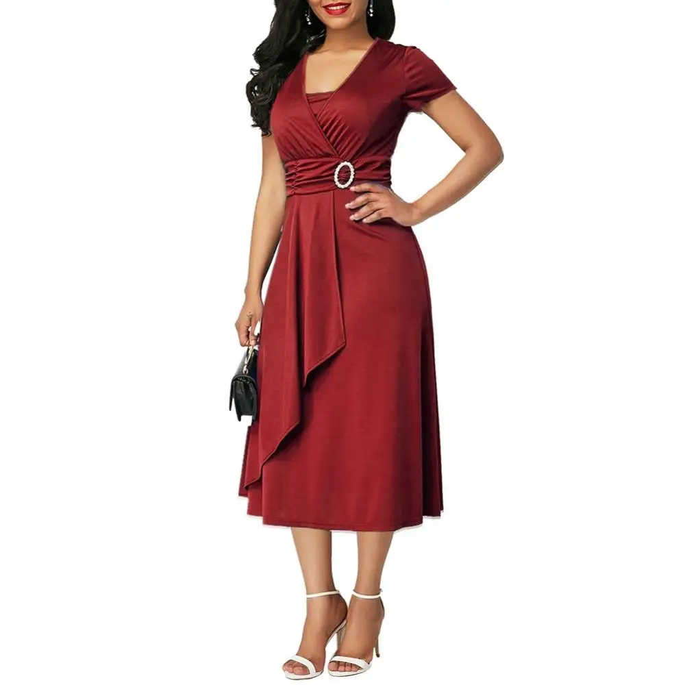 

Tight Dress Plus Size Women Short Sleeve Party Dress V Neck Asymmetric Hem Waist Midi Party Dress