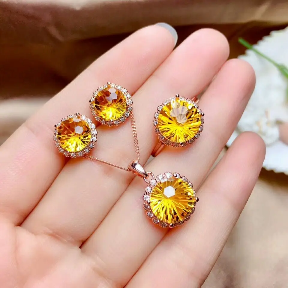 

MeiBaPJ Fireworks Natural Citrine Jewelry Set 925 Silver Necklace Earrings Ring Three-piece Suite Wedding Jewelry for Women