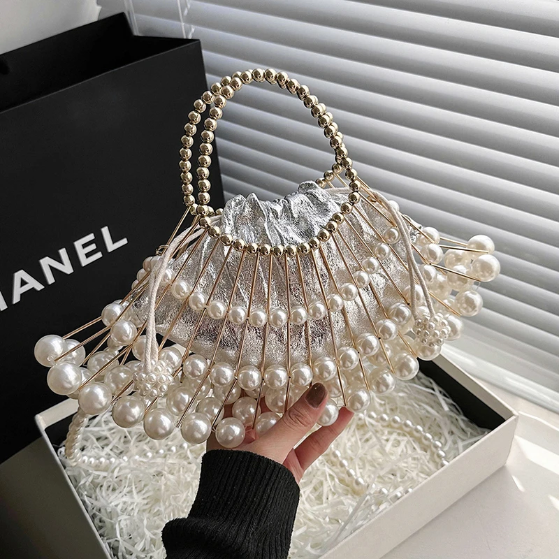 2024 New Retro Evening Handbags for Women Pearl Hollow Out Shoulder Bag Ladies Summer Luxury Fashion Party Cute Small Female Bag
