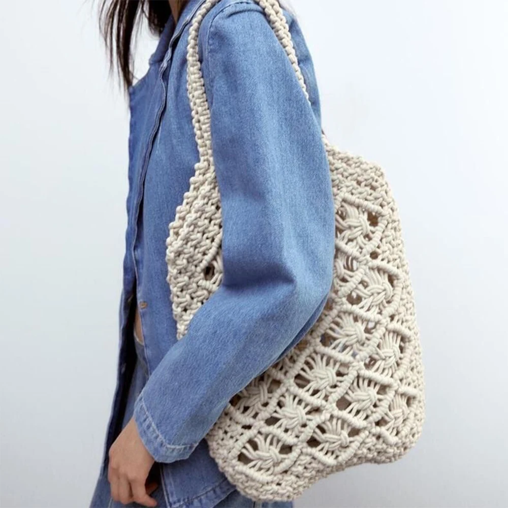 

Fashion Rope Crochet Shoulder Bag Luxury Designer Knitting Handbags Hollow Tote Hobos Bohemian Large Shopper Purses Beach Bags