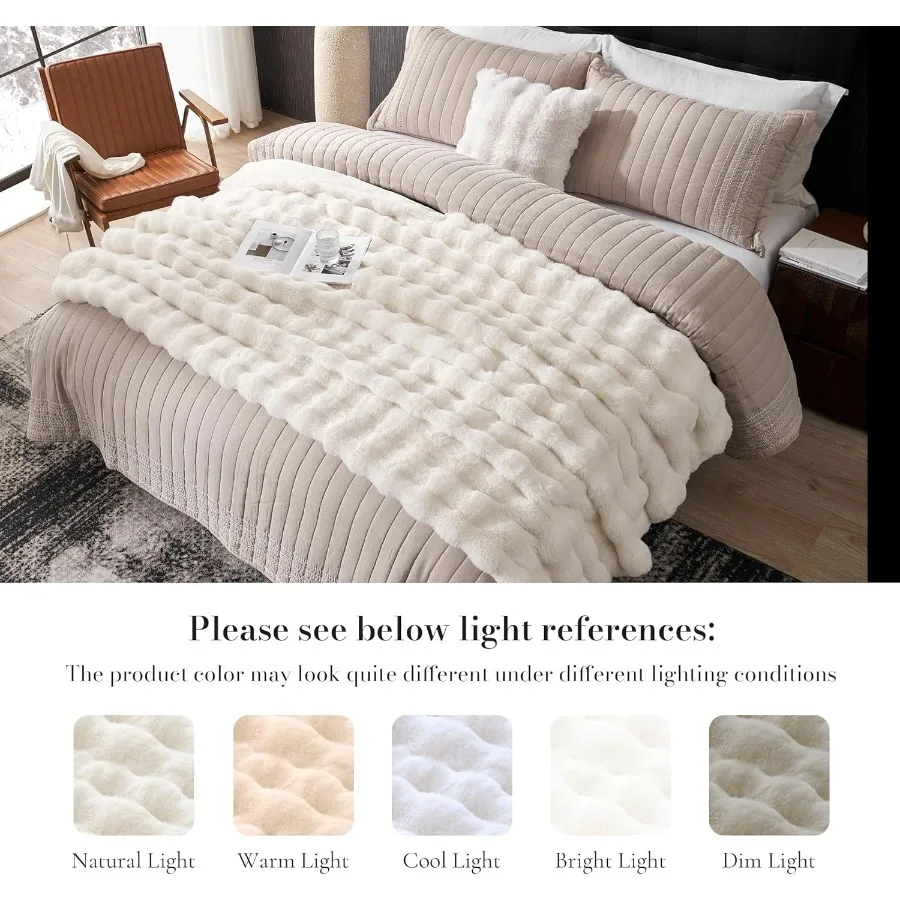 Faux Fur King Size Blanket Fuzzy Soft Plush Thick Bubble Blanket for Bed Sofa Bedroom Living Room 108 x 90 Inches Cream White I