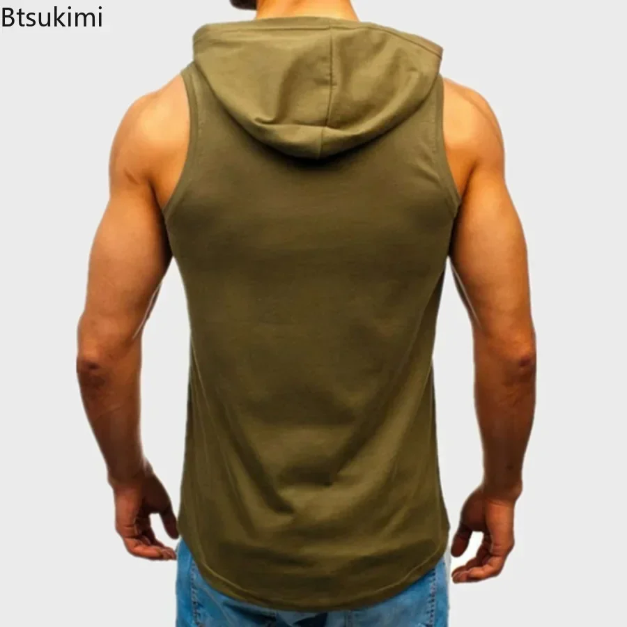 T-shirt sportiva con cappuccio moda uomo senza maniche canotte casual larghe corsa palestra fitness gilet uomo abbigliamento sportivo felpe con cappuccio da allenamento top - immagine 2