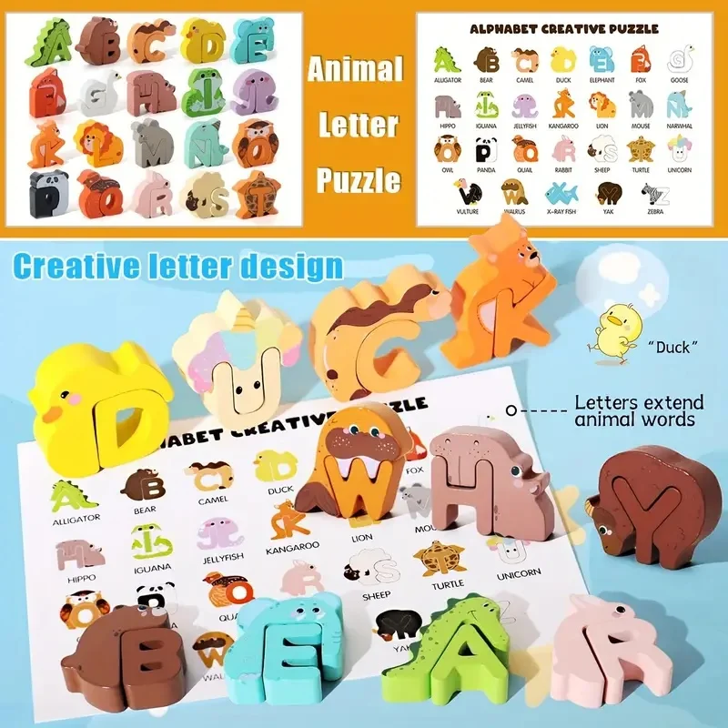 52pcs Wooden Alphabet & Animal Puzzle - Educational ABC Sort & Stack Matching Game for Children Fine Motor Holiday Gift 6