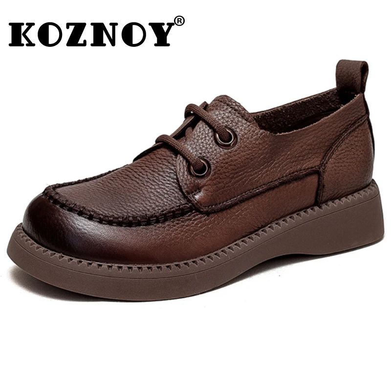 

Koznoy 3cm New Retro Leather Cow Genuine Boots Woman Autumn Ankle Spring Booties Soft Soled Cowgirl Moccasins Flats Comfy Shoes