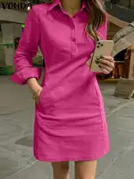 VONDA Women Dress Summer Elegant Long Sleeve Solid Color Shirt Sundress Party Casual Loose Buttons Pockets Short Mini Vestidos