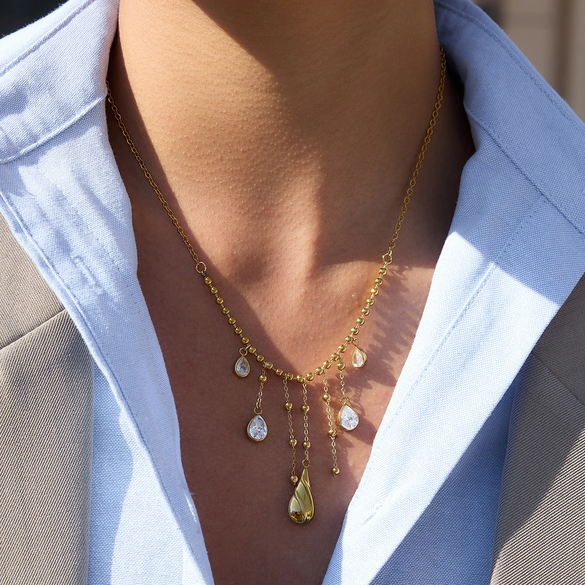 Youthway Classic Short Tassel Water Drop Zircon Pendant Necklace For Women Minimalist 18K Gold Plated Stainless Steel Necklace 2