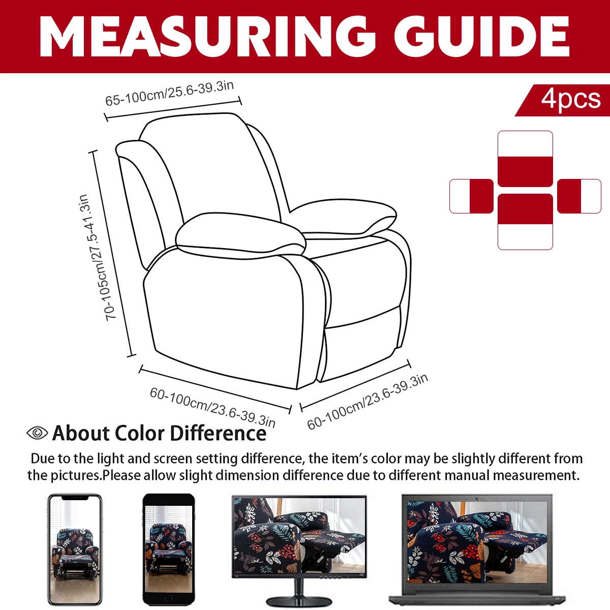 MIFXIN 4-Piece Stretch Recliner Slipcover - Jacquard Fabric, Anti-Slip Fit (Orange)