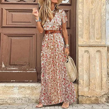 Elegant Floral Pleated H shaped Midi Dress Female V Neck Puff Sleeve Waist Ruched Button Dresses Women Summer Dress Robe 1