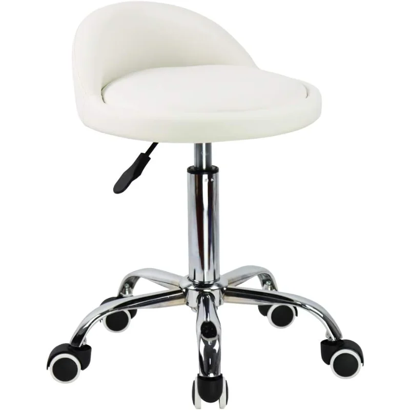 

Leather Round Rolling Stool with Back Rest Height Adjustable Swivel Drafting Work SPA Task Chair with Wheels