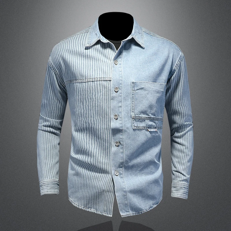 

2022 Spring and Autumn Striped Patchwork Denim Shirt for Men