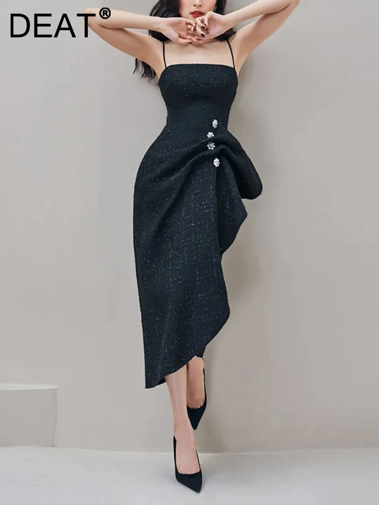 

DEAT Women's Fashion Dress Camisole Irregular Pleated Tweed Single Breasted Backless Elegant Dresses Spring 2024 New 13DB3368