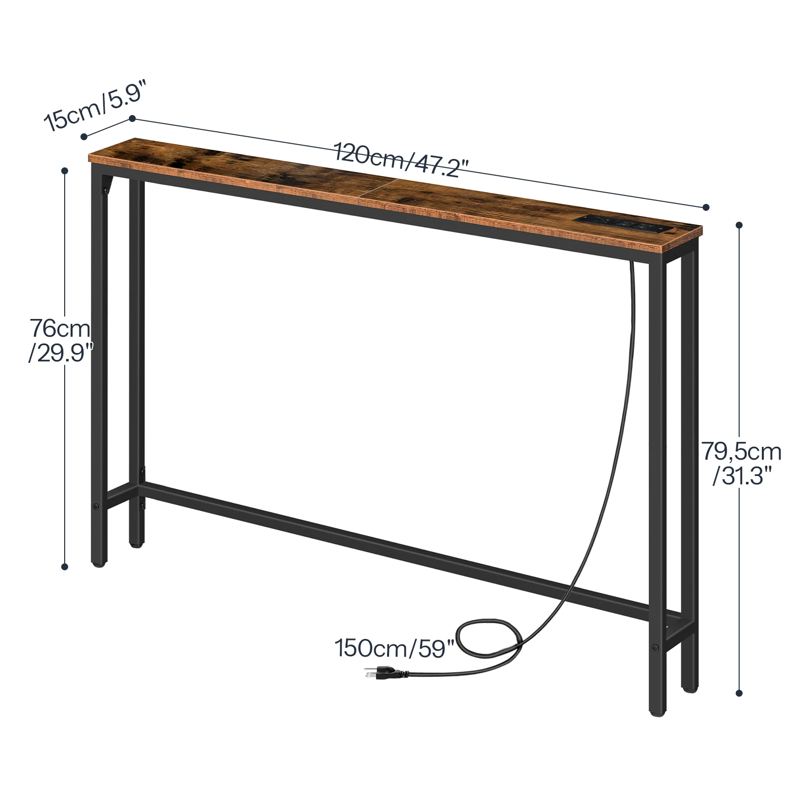 7.2" Skinny Console Table with Power Outlets and USB Ports, Table with Charging Station, Narrow Sofa Table, Behind Couch Table,