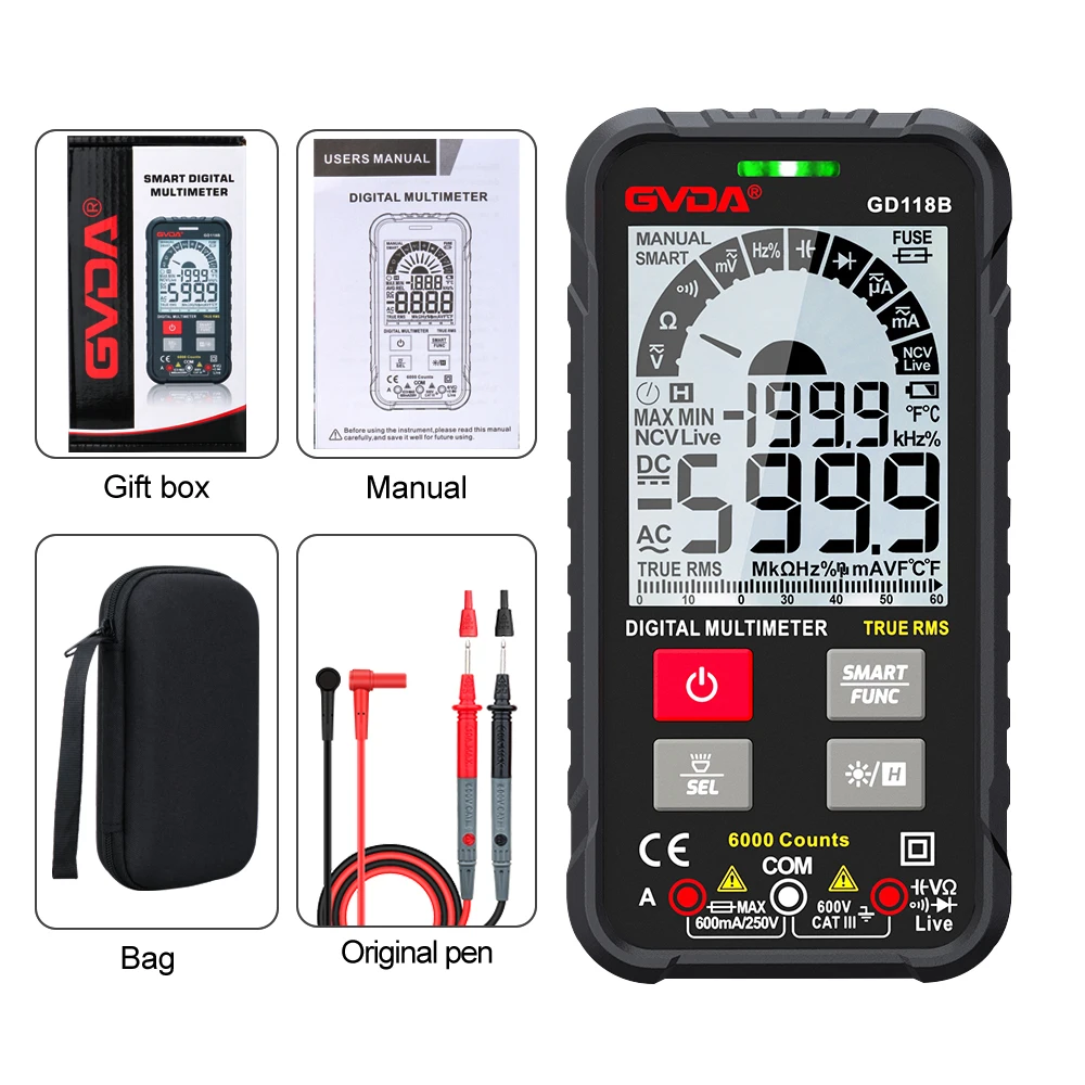 self centering tape measure Digital Multimeter Voltage Tester True RMS Capacitor 6000 Counts Transistor Meter AC DC Hz Ohm Tester NCV Universal Multimetro carpenter tape Measurement & Analysis Tools