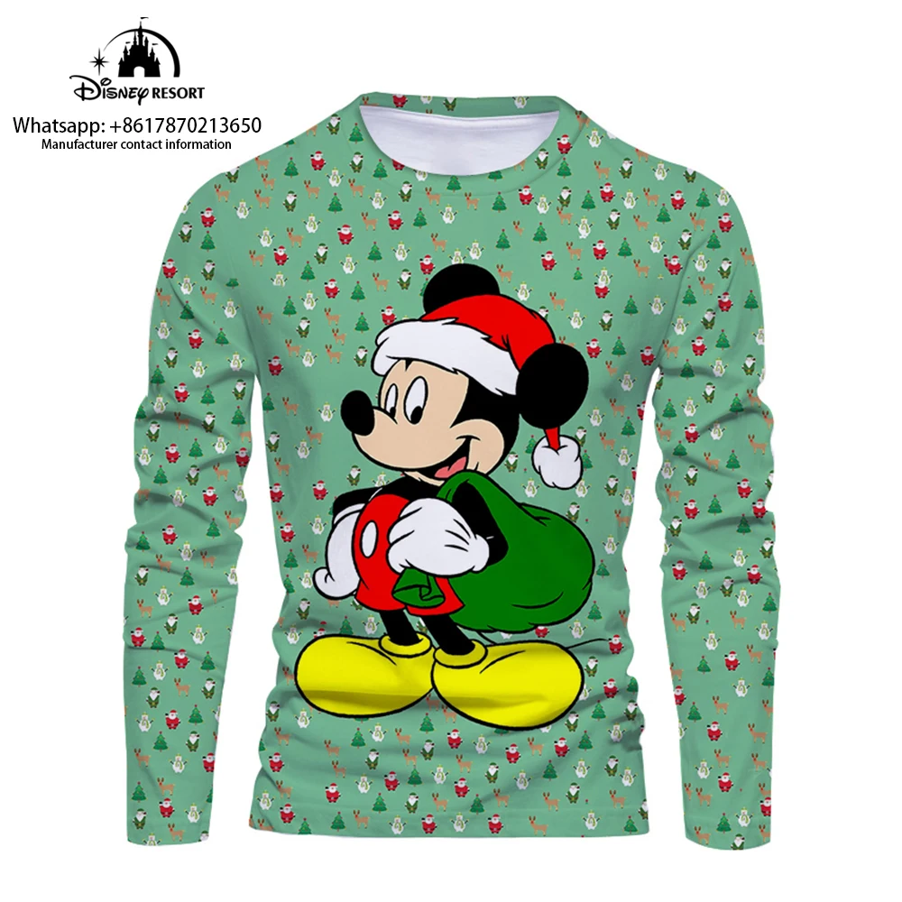 

New Mickey Minnie and Winnie the Pooh Anime Christmas Autumn Disney Brand Fashion Casual Men's Round Neck Long Sleeve T-Shirt