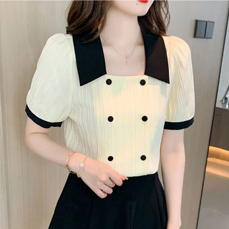 2024 New Summer Sweat Loose Casual Office Lady Korean Style Women's Shirt Button Splicing The Square Collar Short Sleeve Tops