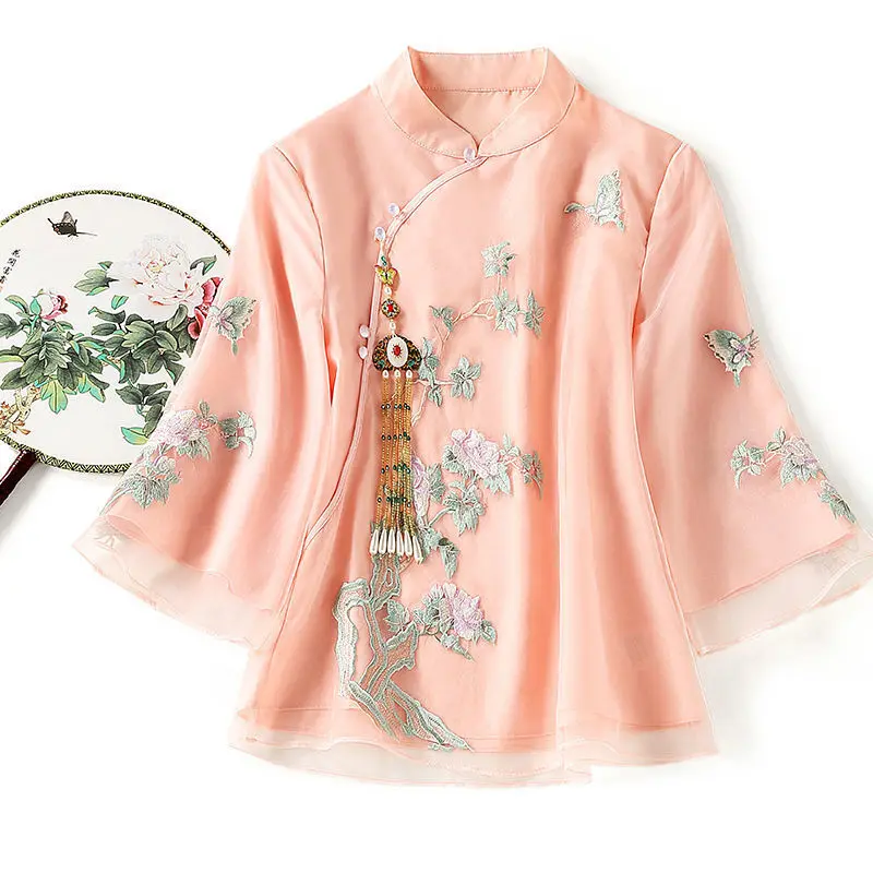 Cheongsam Women's Plus Size Hanfu Tops New Chiffon Embroidery Splicing Chinese Style Retro Tang Costume Qipao Shirts Woman