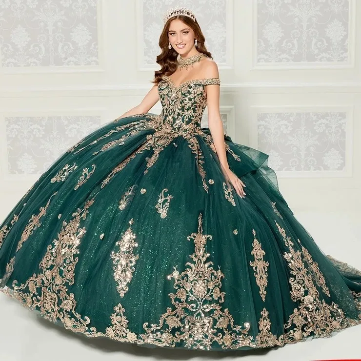 

Green Charro Quinceanera Dresses Ball Gown Off The Shoulder Tulle Appliques Puffy Mexican Sweet 16 Dresses 15 Anos