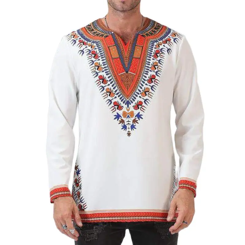 E-BAIHUI Odeneho Shirts Men's White Polished Cotton Tops with Dashiki African Clothing Male Plus Size Long Knit Shirts