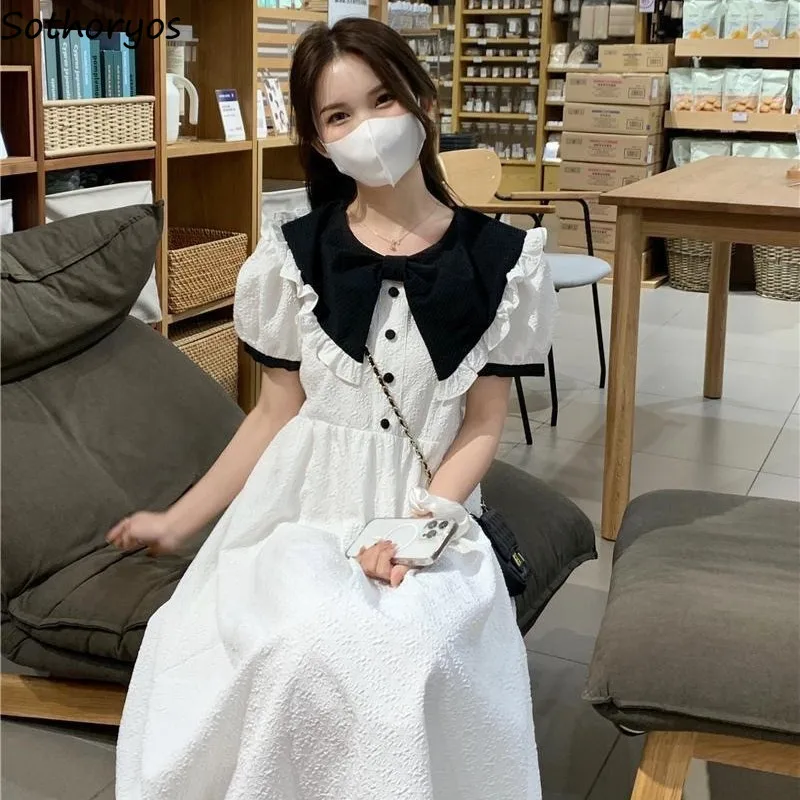 

Dresses Women Peter Pan Collar Sweet Ruffles All-match Age-reducing Lovely Creativity Japanese Style Simple Ladies Elegant Retro