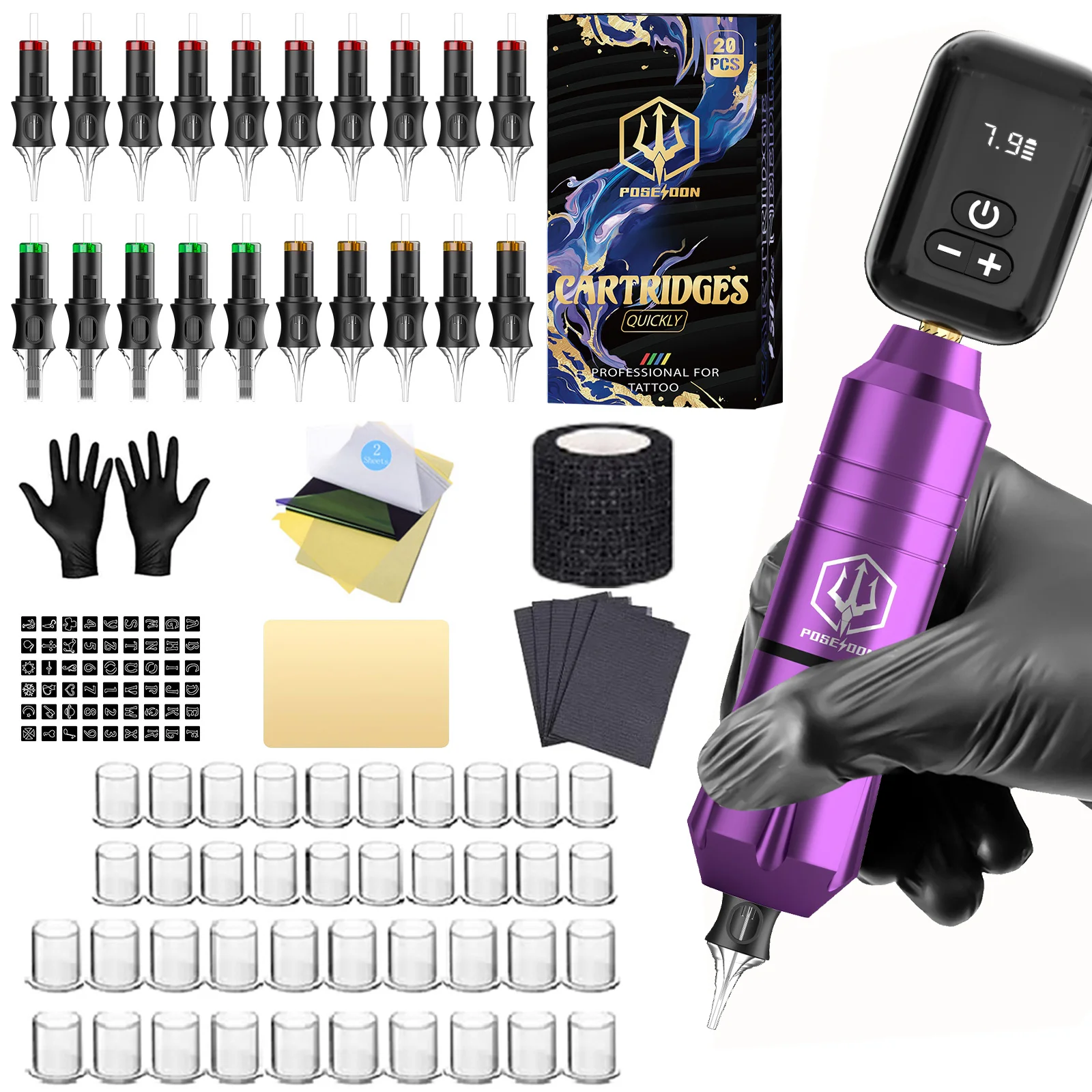 Tattoo Kit POSEIDON V5 Purple Tattoo Pen Kit For Permanent Makeup Tattoo Machine Kit High Power Tattoo Power Supply Tattoo Gun K - 2