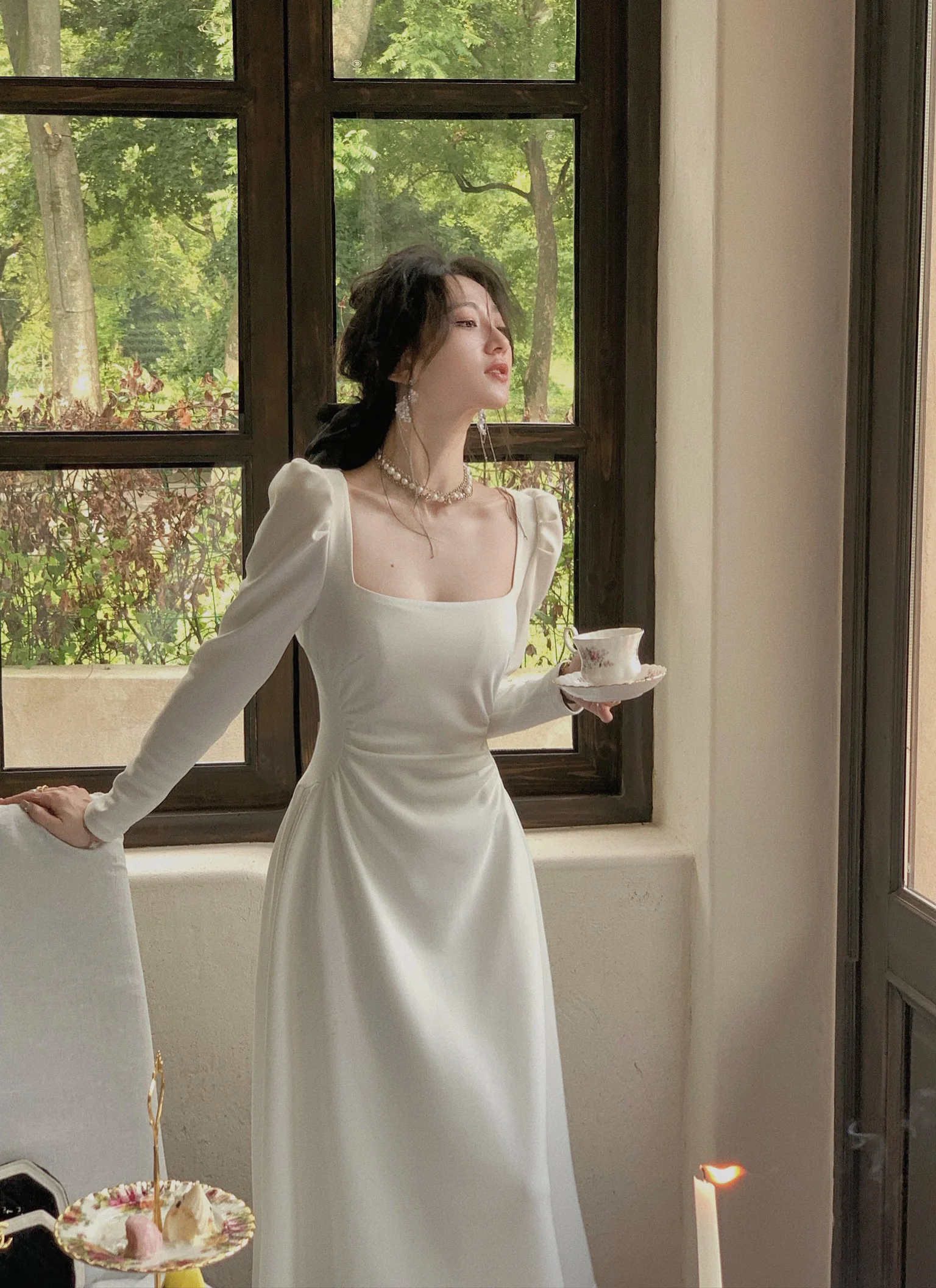 Spring New Elegant Square Collar Midi Party Dresses for Women Long Sleeve Black White Slim Vestidos Female High Waist Clothes