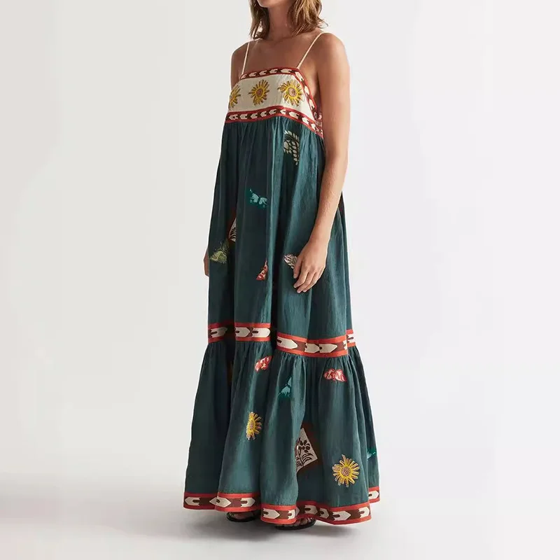 Suumer Women Long Printed Spaghetti Strap Dress Retro Sleeveless A-line Long Dress Elegant female holidays beach Party dresses