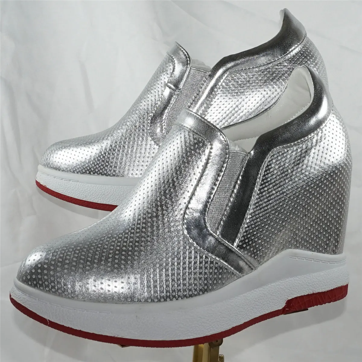 

Silver Platform Pumps Women Genuine Leather Wedges High Heel Vulcanized Shoes Female Round Toe Fashion Sneakers Casual Shoes