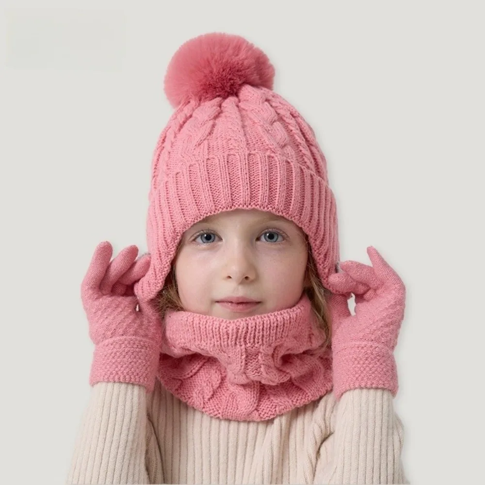 Soft Solid Color Baby Hat Scarf Gloves Set Cute Pompom Warm Ears Toddler Knitted Hats Thickened with Velvet Hat Set Outdoor