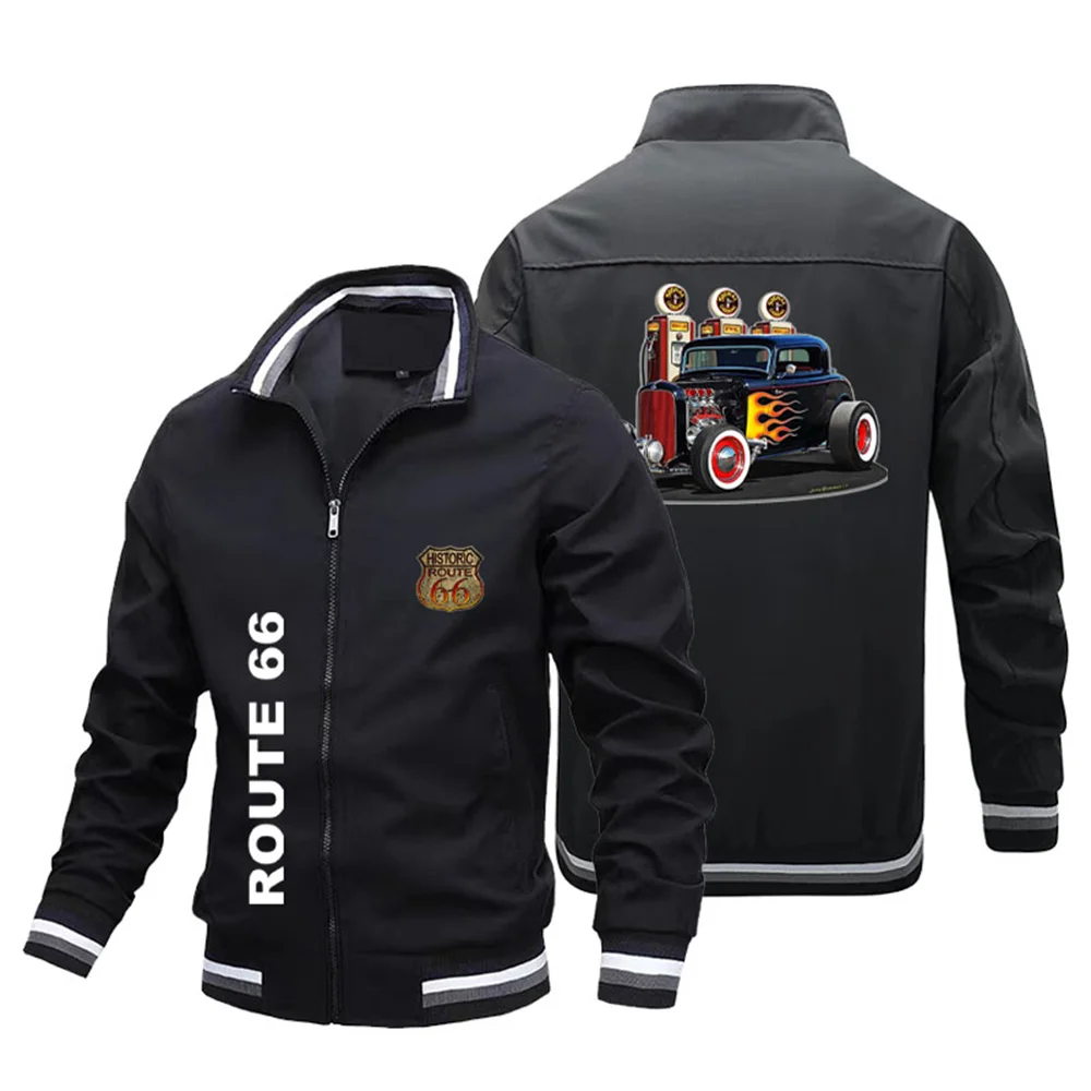 Route 66 Printed Classic Car Pattern Stand Collar Men's Jacket Coat Outdoor Sports Basketball Jacket Oversized Pilot Jacket