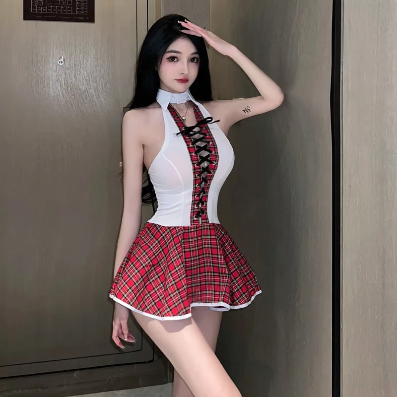 

Модное Элегантное толстое 2023 мягкое платье для взрослых, сексуальная ультракороткая ажурная одежда с открытой спиной, клетчатое студенческое платье без рукавов QWER