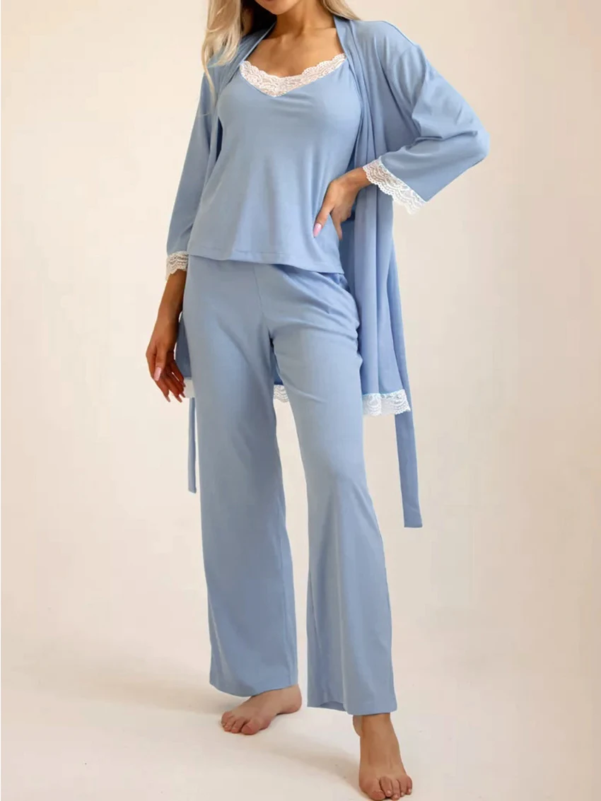 Marthaqiqi Lace Long Sleeve Robe 3 Piece Suit Sexy V-Neck Lace Up Bathrobe Sexy Spaghetti Strap Pajamas Pants Women Nightie Set