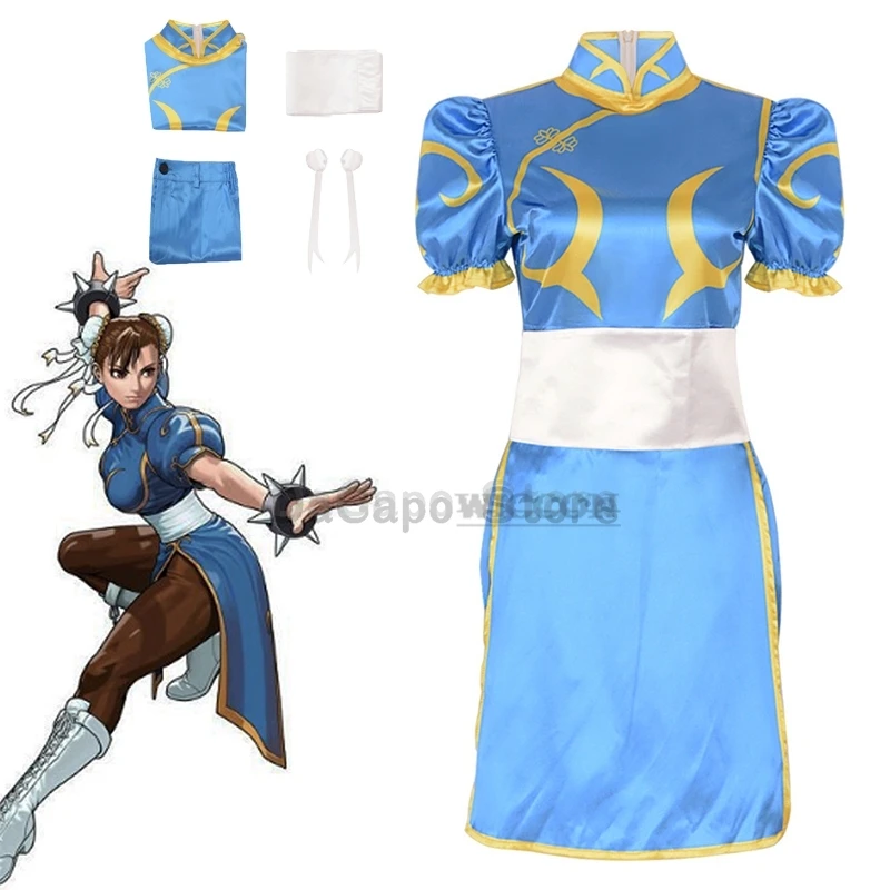 Street Fighter Cosplay Chun Li Dress Belt Suits Anime Games Halloween Party Sexy Chun-Li Blue Cheongsam Gioco Di Ruolo Sexy Cos