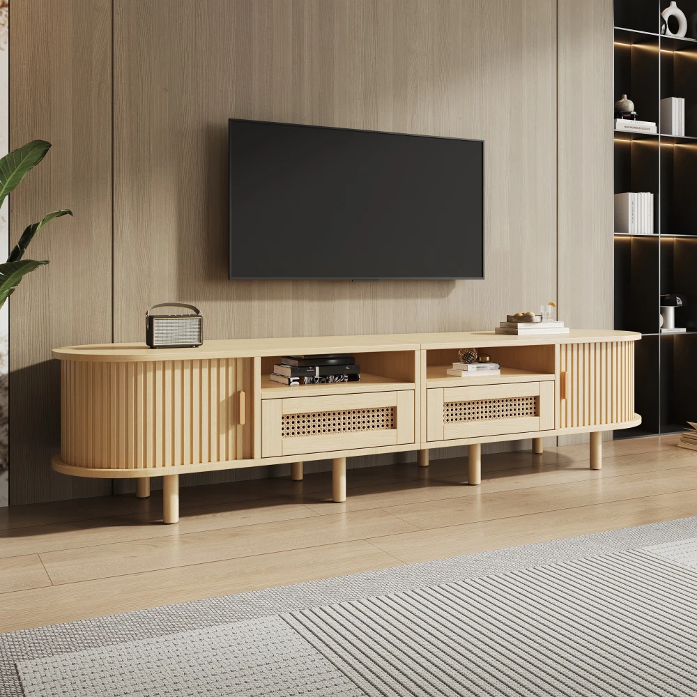 Ovaler TV-Ständer für 70-Zoll-Fernseher – Rattan-Design, Schubladen + Schiebetüren, Lowboard aus MDF-Holz, kratzfester TV-Schrank mit Stauraum – Detail 6