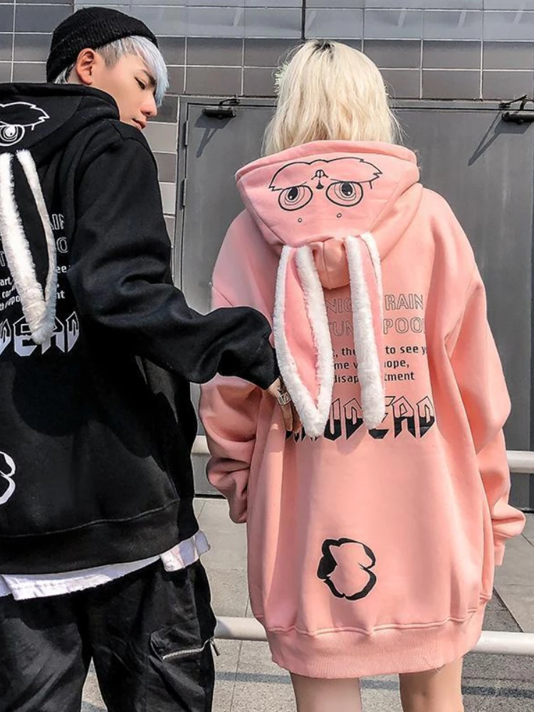 

Kawaii Rabbit Ears Hoodie Women Autumn Winter Harajuku Oversized Sweatshirt Cartoon Kpop Gothic Couple Outfit Streetwear