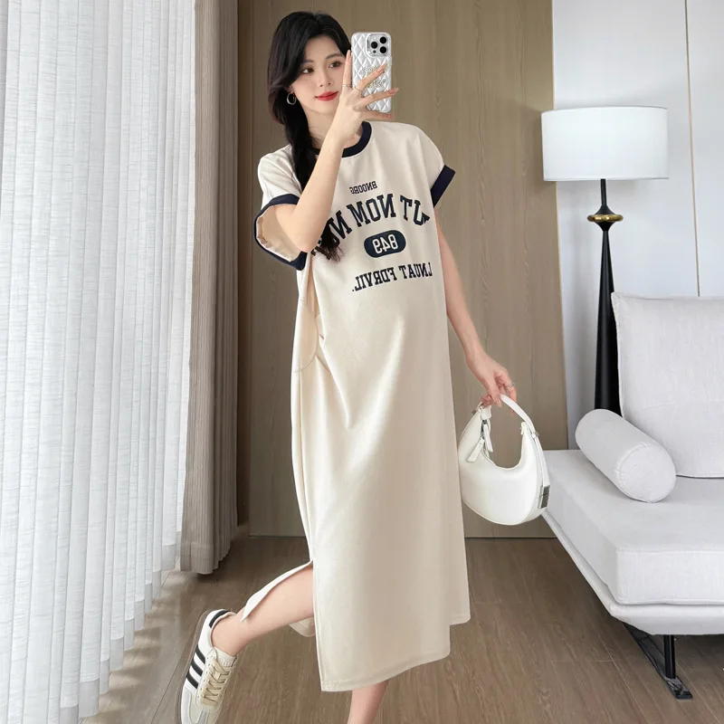 

Plus Size Women's Dress Summer Short Sleeve O-Neck Side Split Fashion Letters Print Maternity Casual Dress Loose Pregnancy Dress