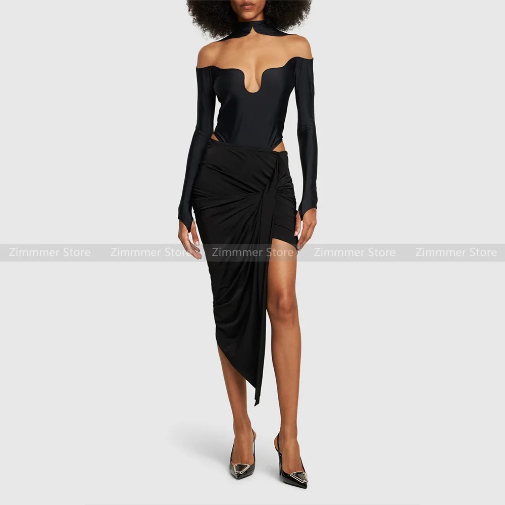 

23 Years autumn new fashion versatile temperament asymmetric shrink pleat high waist black bustier skirt female