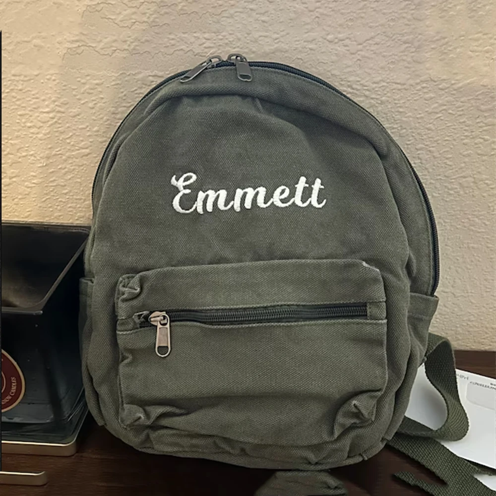 

Solid Color Kids Canvas Schoolbag Customized Name Boys Girls Backpack Personalized Travelling Washable Small Canvas Snackbags