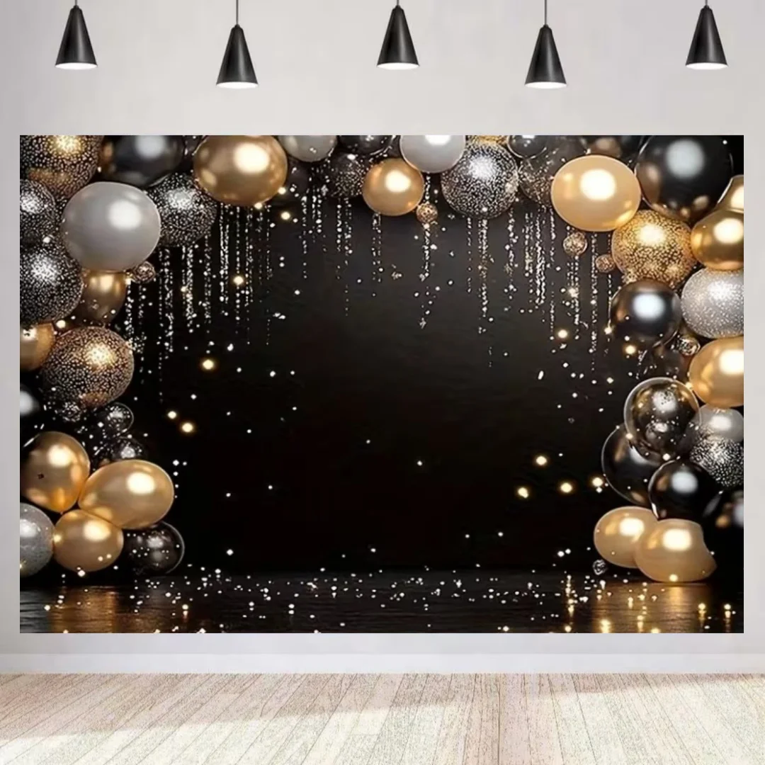 Hintergrund für 50. und 60. Geburtstag, Ballon-Bühnen-Party-Dekoration, Schwarz-Gold Glitzer Ballon Fotostudio Requisiten Banner – Detail 4