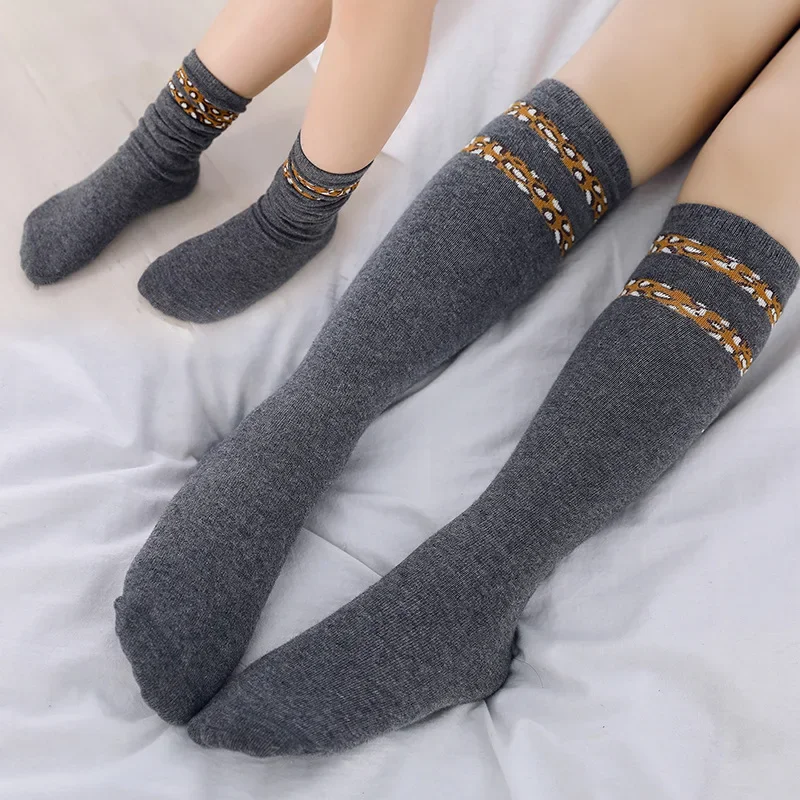 Autumn Winter Girls Knee High Socks Leopard Print Striped Soft Leg Warmers Cotton Long Socks Boys Girls for Children 2-12Y