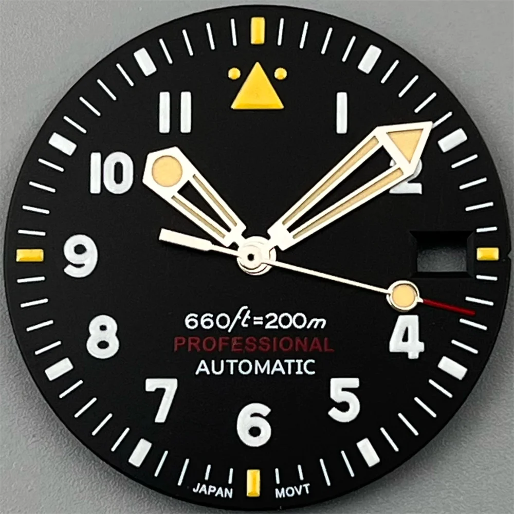 Enhanced Black Pilot Style Watch Dial and Luminous Hand Set - C3 Green Glow